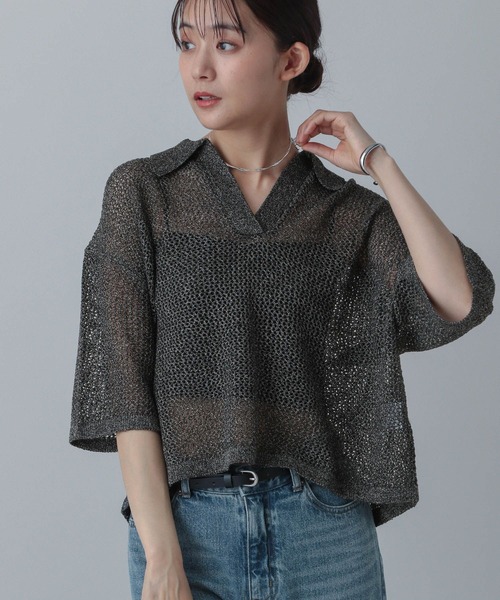 GLOBAL WORK ニット セーター メッシュラメポロニット半袖