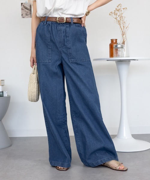 CHANEL デニム ワークパンツ ワイドレッグ ブルー レディース S サイズ RCD ワイドパンツ ジーンズ デニム デニムパンツ ハイウエスト