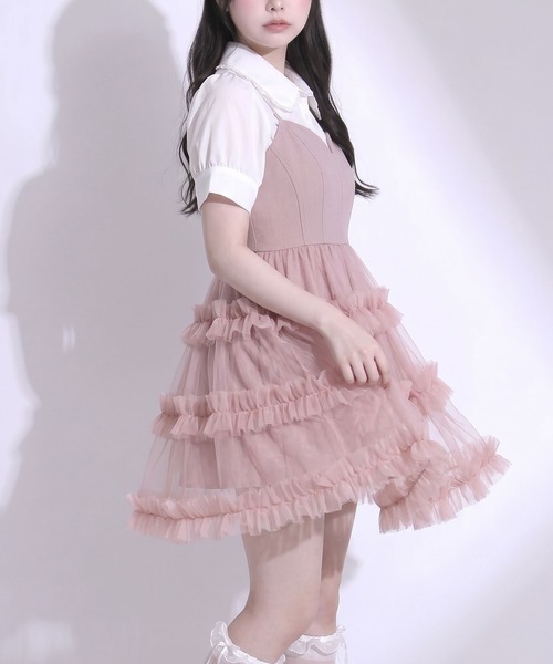 ピンクハウス　ベロア　フリル　ティアードチュニック　ドットチュール切替　日本製 DearMyLoveRose（ディアマイラブローズ） ワンピース 夏 チュール