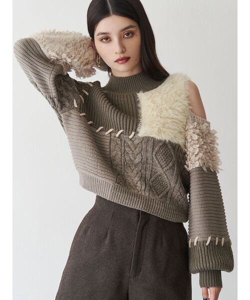 MURUA（ムルーア） ニット セーター マテリアルMIXショルダーオープン