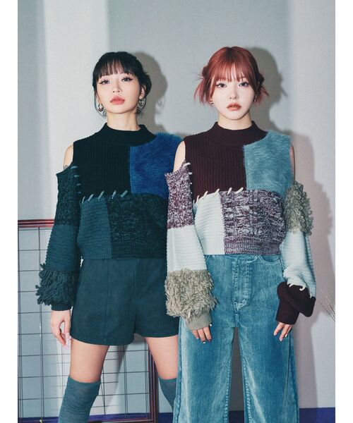 MURUA（ムルーア） ニット セーター マテリアルMIXショルダーオープン