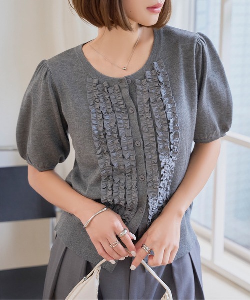 Drawer - 可愛いみんとシーニュ　パフスリーブカーディガン　グレー KOBE LETTUCE（神戸レタス） カーディガン 半袖 フロントフリル