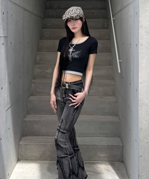 ZIPPER CLUB tシャツ クロスデザインクロップドTシャツ レディース