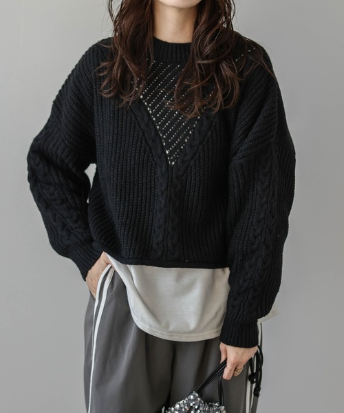 ニット セーター Vデザインケーブル編みニットトップス レディース