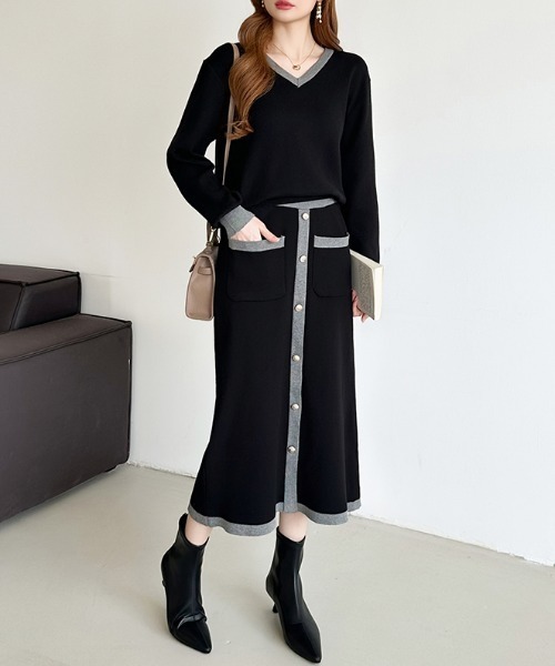 COCOMOMO セットアップ 配色ニットナロースカート セットアップ 配色 V