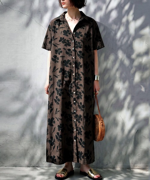 antiqua（アンティカ） シャツワンピース 綿100 花柄 シャツワンピース