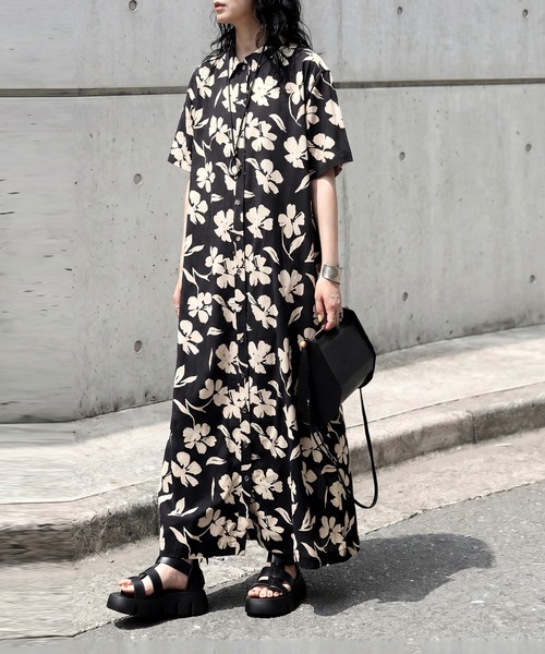 antiqua（アンティカ） シャツワンピース 綿100 花柄 シャツワンピース