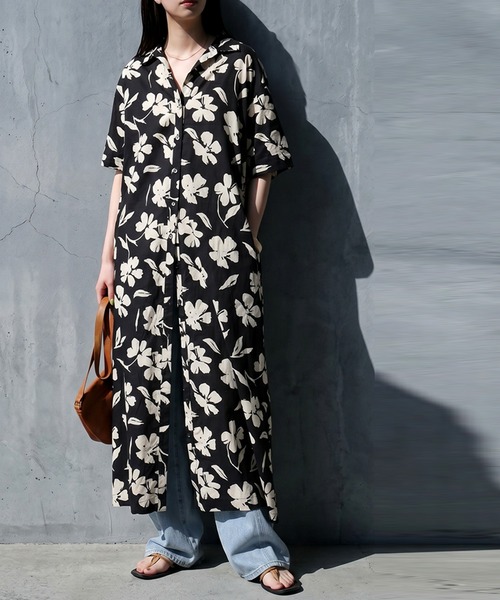 antiqua（アンティカ） シャツワンピース 綿100 花柄 シャツワンピース