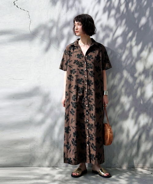 antiqua（アンティカ） シャツワンピース 綿100 花柄 シャツワンピース