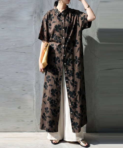 cotton house Aya★　ワンピース　花柄　シャツワンピ　ナチュラル antiqua（アンティカ） シャツワンピース 綿100 花柄 シャツワンピース