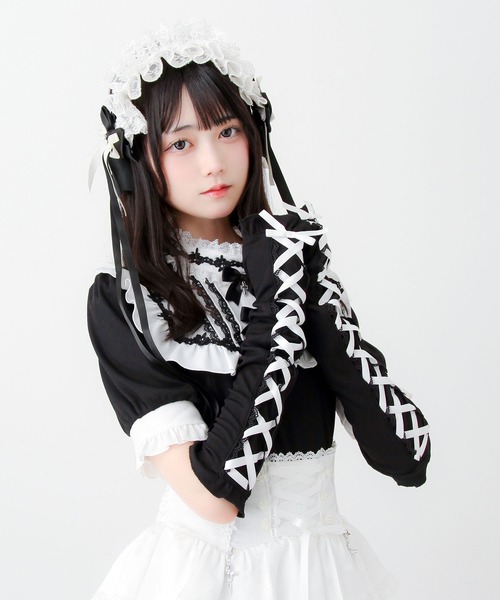 DearMyLove tシャツ 半袖 ゴシック風バラレースリボンレースアップ