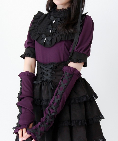d.i.a.♡ブラック×パープル リボン ストライプ トップス DearMyLove tシャツ 半袖 ゴシック風バラレースリボンレースアップ