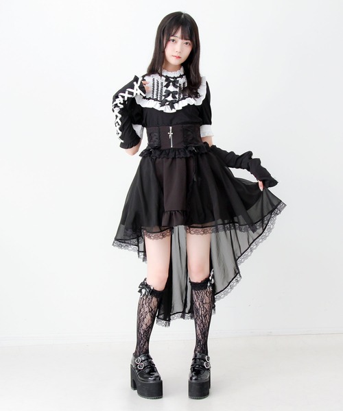 モノトーン×大人カメリア柄❤︎女の子　入園入学３点セット❤︎ DearMyLove tシャツ 半袖 ゴシック風バラレースリボンレースアップ