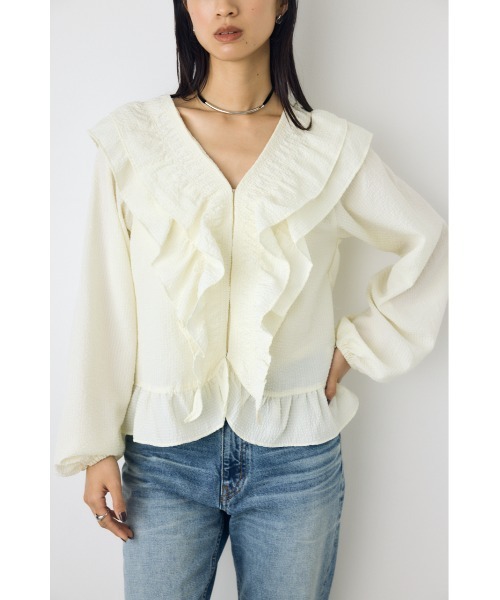 【極美品】ジバンシーフォーマル　長袖ブラウス　ブルー　総柄　ベロア調　L AZUL BY MOUSSY（アズールバイマウジー） ブラウス シャツ 「身長/骨格