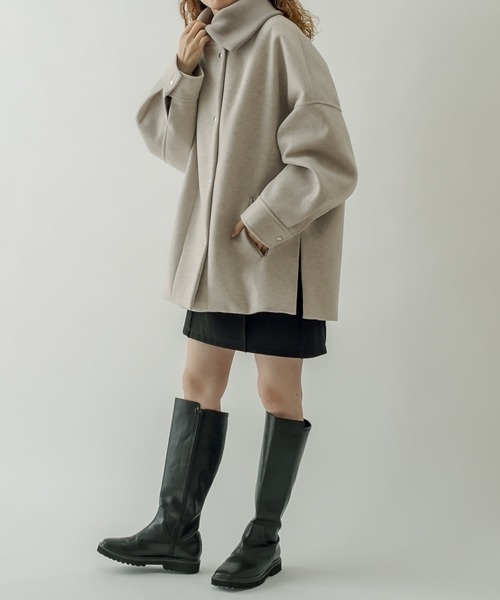 【美品】 仕立ての良い日本製コート ブルー系ミックスカラー ボリューム襟 青 9154-597-