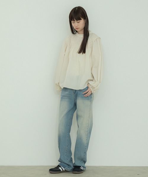 HEILIS ブラウス シャツ フリルカラーシャーリングブラウス/長袖