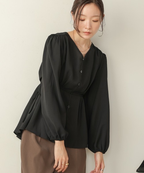 AD2009 archive リボンギャザーデザイントップス 黒 BAB ブラウス シャツ タックリボンブラウス レディース
