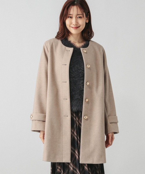 美品 エスロー ESLOW ウールコットン ノーカラーコクーンコート ゆったり9 美品 エスロー ESLOW ウールコットン ノーカラーコクーンコート