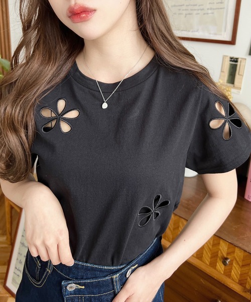 moment+ tシャツ フラワー刺繍半袖Tシャツ レディース