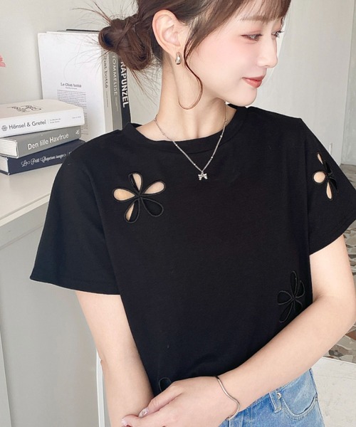 moment+ tシャツ フラワー刺繍半袖Tシャツ レディース