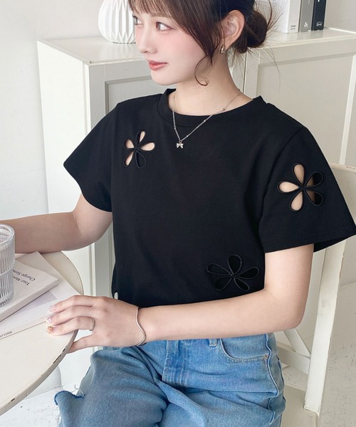 moment+ tシャツ フラワー刺繍半袖Tシャツ レディース