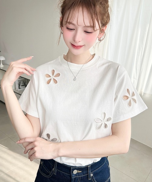 セブンテン 花柄刺繍 半袖トップス フラワー刺繍半袖Tシャツ[品番：ERMW0000188]｜moment+（モーメント