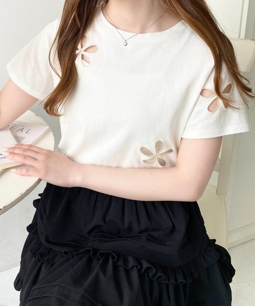 moment+ tシャツ フラワー刺繍半袖Tシャツ レディース