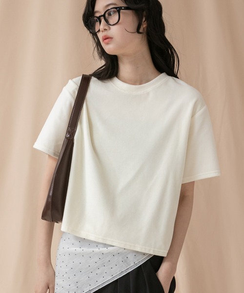 tシャツ コンパクトベロアTシャツ/コンパクト マットベロアカットソー ピンク ブラック ネイビー ブルー アイボリー オフホワイト ピンク グレー