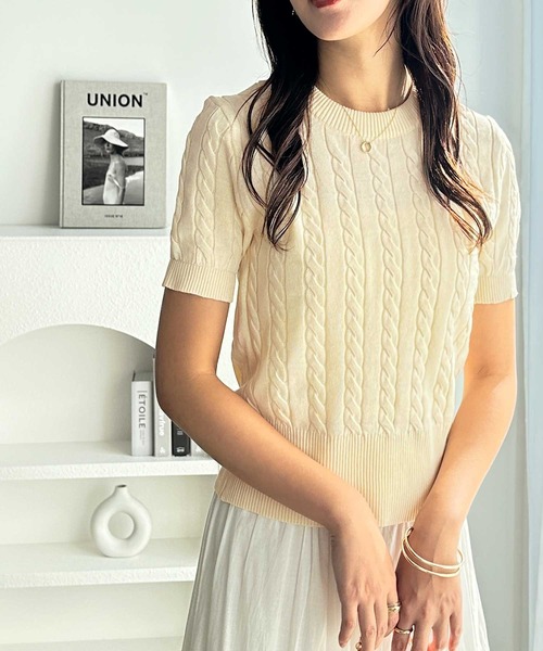 ニット/セーター jumelle retro knit beige 洗える】WILLOW / アシンメトリーレースクルーネックニット