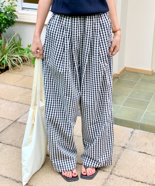 パンツ ギンガムチェックタックバレルレッグパンツ レディース