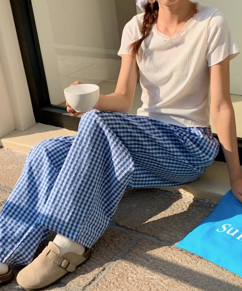 イスタイーレ︎♥︎新作完売 ギンガムチェック裾タックパンツ イスタイーレ︎♥︎新作完売 ギンガムチェック裾タックパンツ