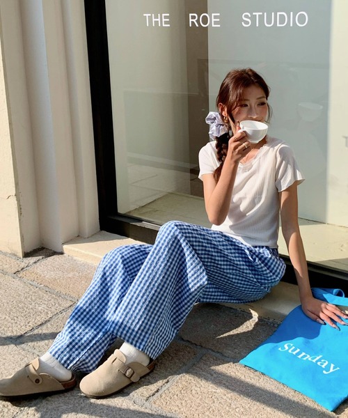 パンツ ギンガムチェックタックバレルレッグパンツ レディース
