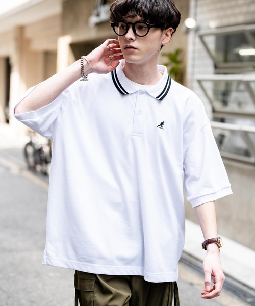 ポロシャツ KANGOL カンゴール 別注コラボ 鹿の子クレリック/ラインリブ/ワンポイント刺繍オーバーサイズ半袖ポロシャツ メンズ レディース | KANGOL | 09