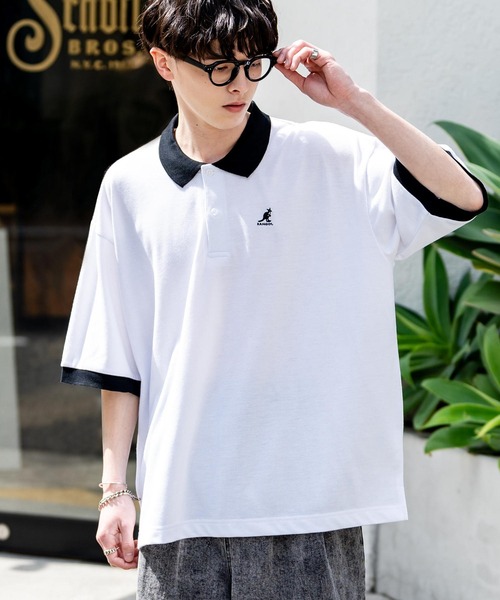 ポロシャツ KANGOL カンゴール 別注コラボ 鹿の子クレリック/ラインリブ/ワンポイント刺繍オーバーサイズ半袖ポロシャツ メンズ レディース | KANGOL | 01
