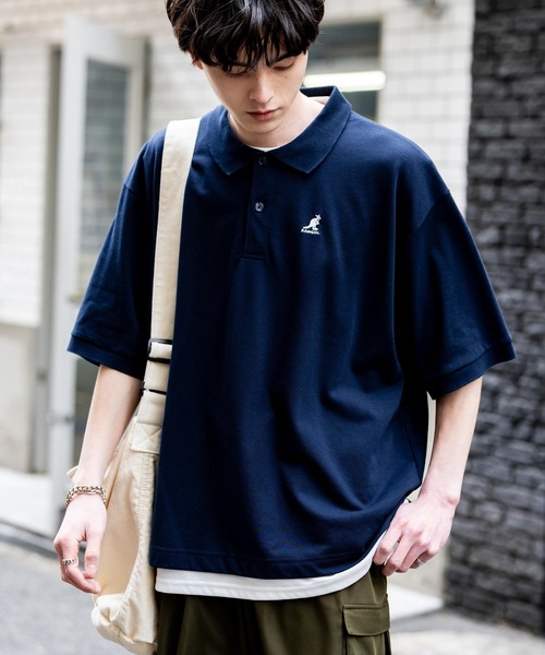 ポロシャツ KANGOL カンゴール 別注コラボ 鹿の子クレリック/ラインリブ/ワンポイント刺繍オーバーサイズ半袖ポロシャツ メンズ レディース | KANGOL | 07