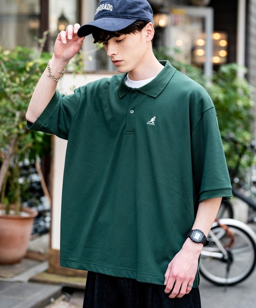 ポロシャツ KANGOL カンゴール 別注コラボ 鹿の子クレリック/ラインリブ/ワンポイント刺繍オーバーサイズ半袖ポロシャツ メンズ レディース | KANGOL | 06
