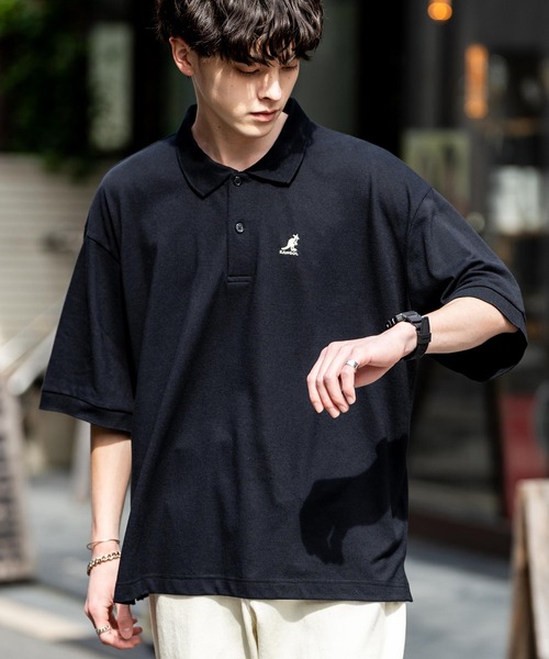 ポロシャツ KANGOL カンゴール 別注コラボ 鹿の子クレリック/ラインリブ/ワンポイント刺繍オーバーサイズ半袖ポロシャツ メンズ レディース | KANGOL | 02