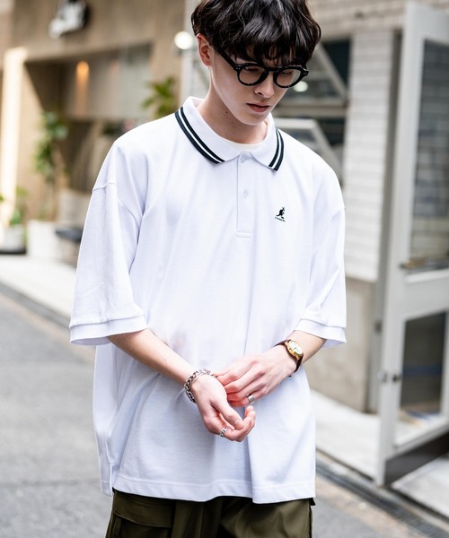 ポロシャツ KANGOL カンゴール 別注コラボ 鹿の子クレリック/ラインリブ/ワンポイント刺繍オーバーサイズ半袖ポロシャツ メンズ レディース | KANGOL | 13