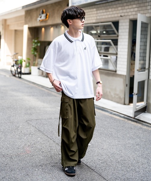 ポロシャツ KANGOL カンゴール 別注コラボ 鹿の子クレリック/ラインリブ/ワンポイント刺繍オーバーサイズ半袖ポロシャツ メンズ レディース | KANGOL | 14