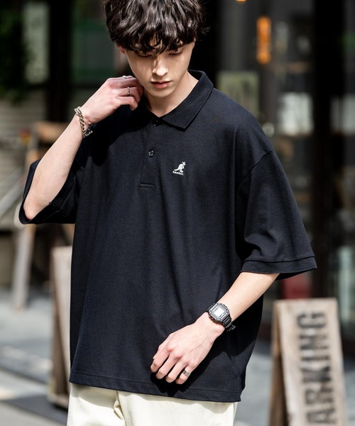 ポロシャツ KANGOL カンゴール 別注コラボ 鹿の子クレリック/ラインリブ/ワンポイント刺繍オーバーサイズ半袖ポロシャツ メンズ レディース | KANGOL | 16