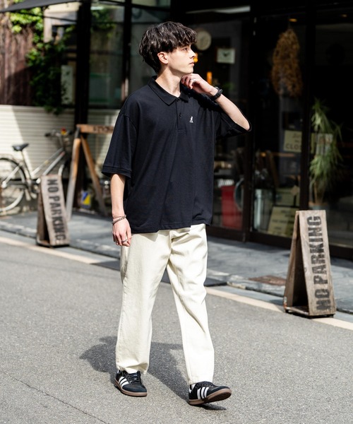 ポロシャツ KANGOL カンゴール 別注コラボ 鹿の子クレリック/ラインリブ/ワンポイント刺繍オーバーサイズ半袖ポロシャツ メンズ レディース | KANGOL | 18