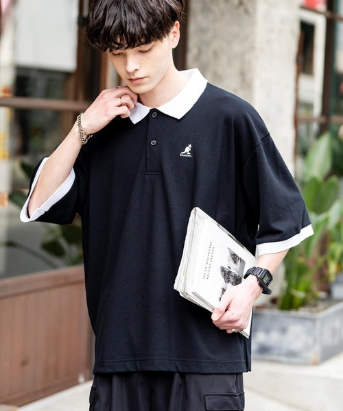 ポロシャツ KANGOL カンゴール 別注コラボ 鹿の子クレリック/ラインリブ/ワンポイント刺繍オーバーサイズ半袖ポロシャツ メンズ レディース | KANGOL | 20
