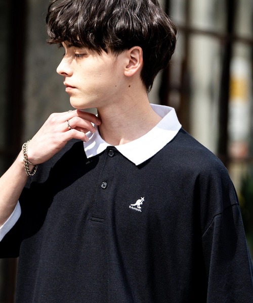 ポロシャツ KANGOL カンゴール 別注コラボ 鹿の子クレリック/ラインリブ/ワンポイント刺繍オーバーサイズ半袖ポロシャツ メンズ レディース | KANGOL | 21
