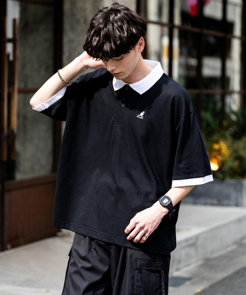 ポロシャツ KANGOL カンゴール 別注コラボ 鹿の子クレリック/ラインリブ/ワンポイント刺繍オーバーサイズ半袖ポロシャツ メンズ レディース | KANGOL | 22