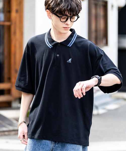 ポロシャツ KANGOL カンゴール 別注コラボ 鹿の子クレリック/ラインリブ/ワンポイント刺繍オーバーサイズ半袖ポロシャツ メンズ レディース | KANGOL | 25