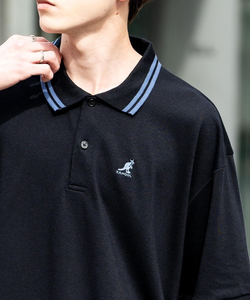 ポロシャツ KANGOL カンゴール 別注コラボ 鹿の子クレリック/ラインリブ/ワンポイント刺繍オーバーサイズ半袖ポロシャツ メンズ レディース | KANGOL | 26
