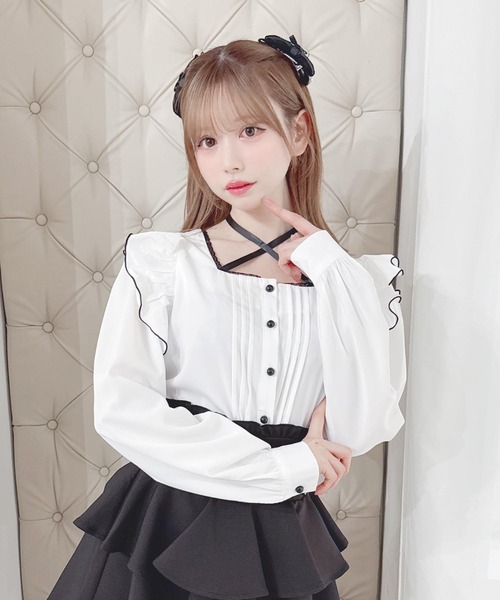ブラウス シャツ 半袖 サテンリボン付きフリルブラウス レディース | MA*RS | 01