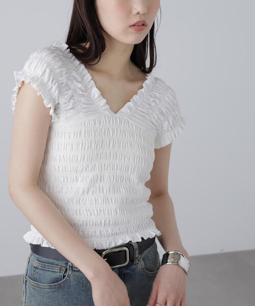 BOHEMSEO 片方オフショルダー シャーリング Tシャツ 白 FREE'S MART tシャツ 2WAYシャーリングオフショルカットソー