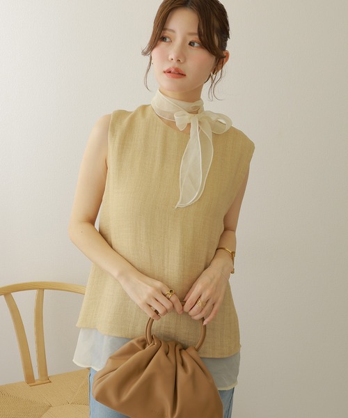 ブラウス シャツ scarf sheer layered tops /スカーフ付きシアー