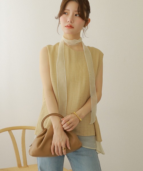 ブラウス シャツ scarf sheer layered tops /スカーフ付きシアー